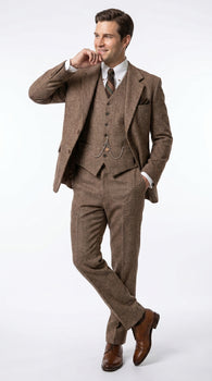 Men’s Light Brown Great Gatsby Tweed Herringbone Vested Suit, Tobey Maguire Inspired 1920s Formal Outfit