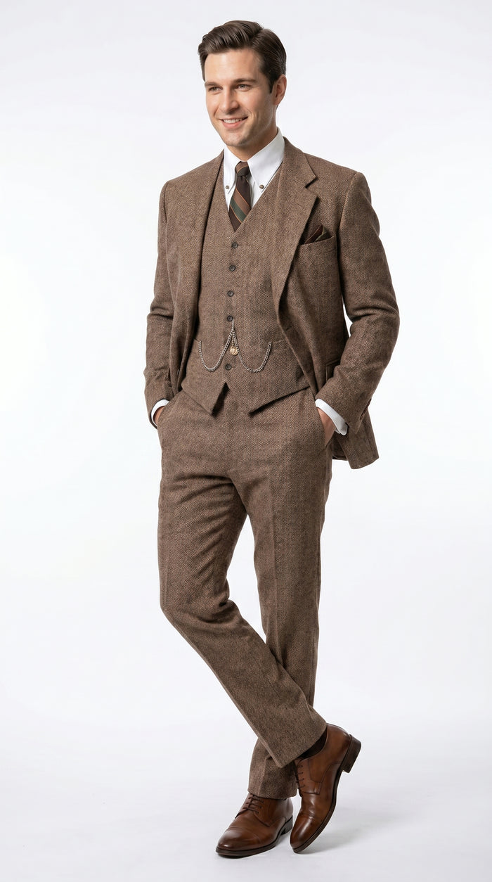 Men’s Light Brown Great Gatsby Tweed Herringbone Vested Suit, Tobey Maguire Inspired 1920s Formal Outfit