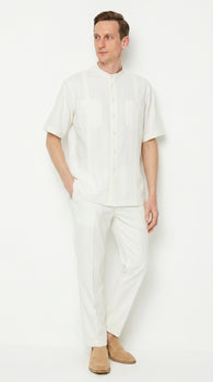 Men’s White Banded Collar 2 Piece Linen Walking Suit, Short Sleeve Shirt and Pants Set
