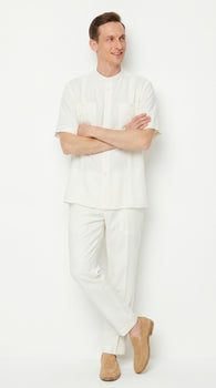 Men’s White Banded Collar 2 Piece Linen Walking Suit, Short Sleeve Shirt and Pants Set