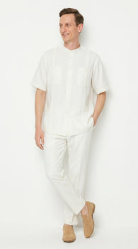 Men’s White Banded Collar 2 Piece Linen Walking Suit, Short Sleeve Shirt and Pants Set
