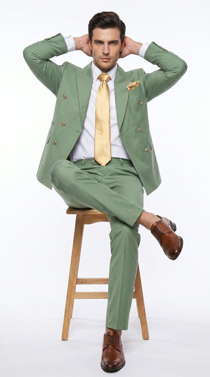 Rossiman Men’s Sage Green Double Breasted Suit with Gold Buttons, Slim Fit Lightweight Summer Suit