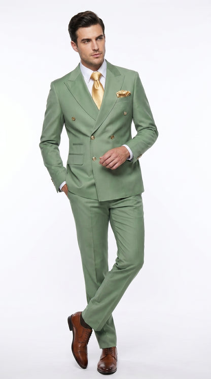 Rossiman Men’s Sage Green Double Breasted Suit with Gold Buttons, Slim Fit Lightweight Summer Suit