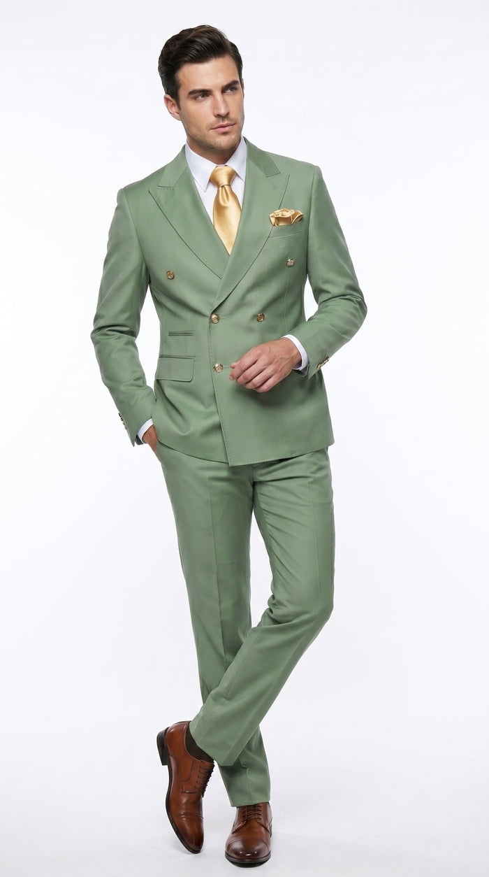 Rossiman Men’s Sage Green Double Breasted Suit with Gold Buttons, Slim Fit Lightweight Summer Suit