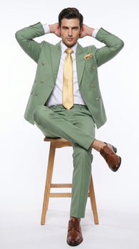 Rossiman Men’s Sage Green Double Breasted Suit with Gold Buttons, Slim Fit Lightweight Summer Suit