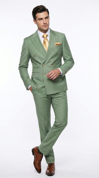Rossiman Men’s Sage Green Double Breasted Suit with Gold Buttons, Slim Fit Lightweight Summer Suit