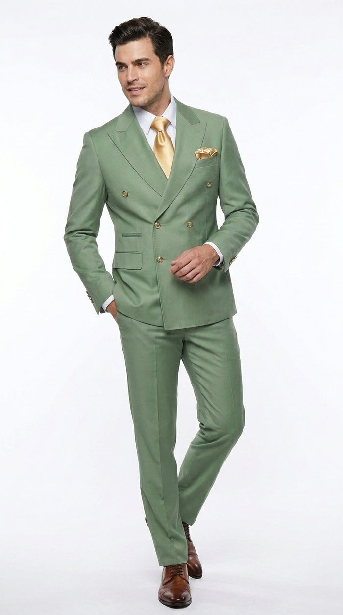 Rossiman Men’s Sage Green Double Breasted Suit with Gold Buttons, Slim Fit Lightweight Summer Suit