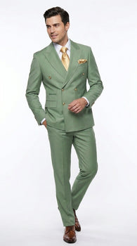 Rossiman Men’s Sage Green Double Breasted Suit with Gold Buttons, Slim Fit Lightweight Summer Suit
