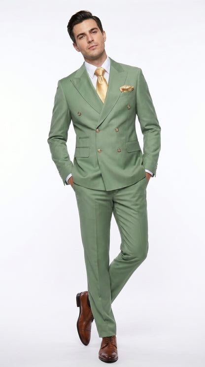 Rossiman Men’s Sage Green Double Breasted Suit with Gold Buttons, Slim Fit Lightweight Summer Suit