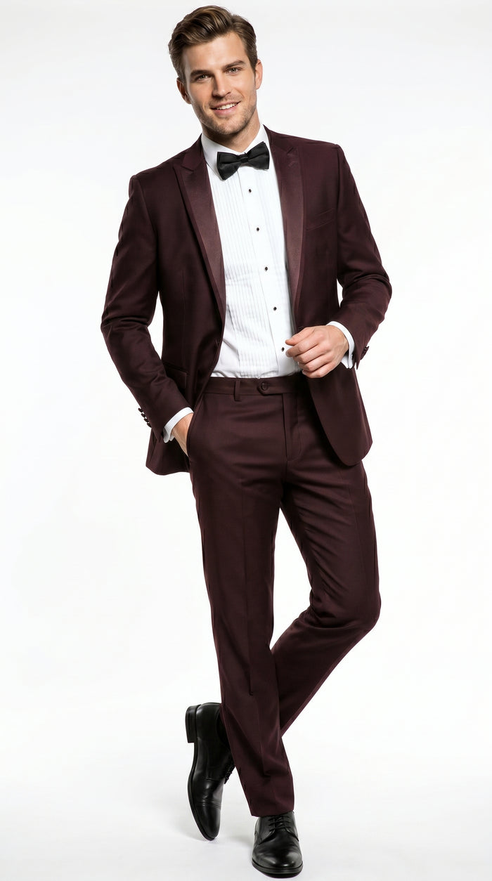 Men’s Brown Slim Fit 2 Piece Tuxedo with Satin Peak Lapel, Formal Wedding Prom Suit