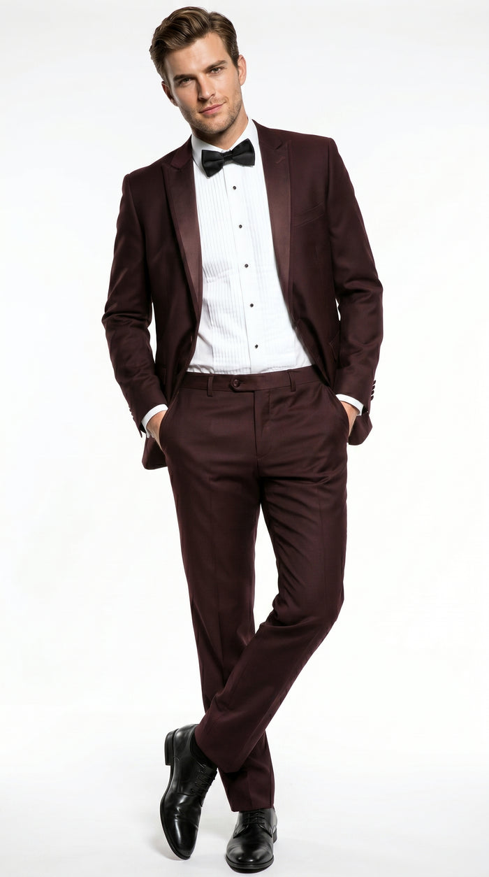 Men’s Brown Slim Fit 2 Piece Tuxedo with Satin Peak Lapel, Formal Wedding Prom Suit