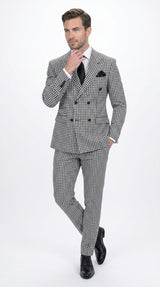 Men’s Black & White Houndstooth Double Breasted Wool Suit – 2 Piece Peak Lapel Suit Modern Fit