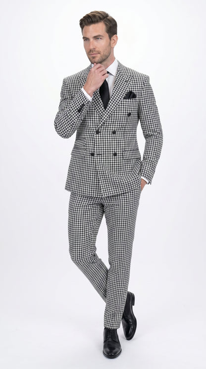 Men’s Black & White Houndstooth Double Breasted Wool Suit – 2 Piece Peak Lapel Suit Modern Fit