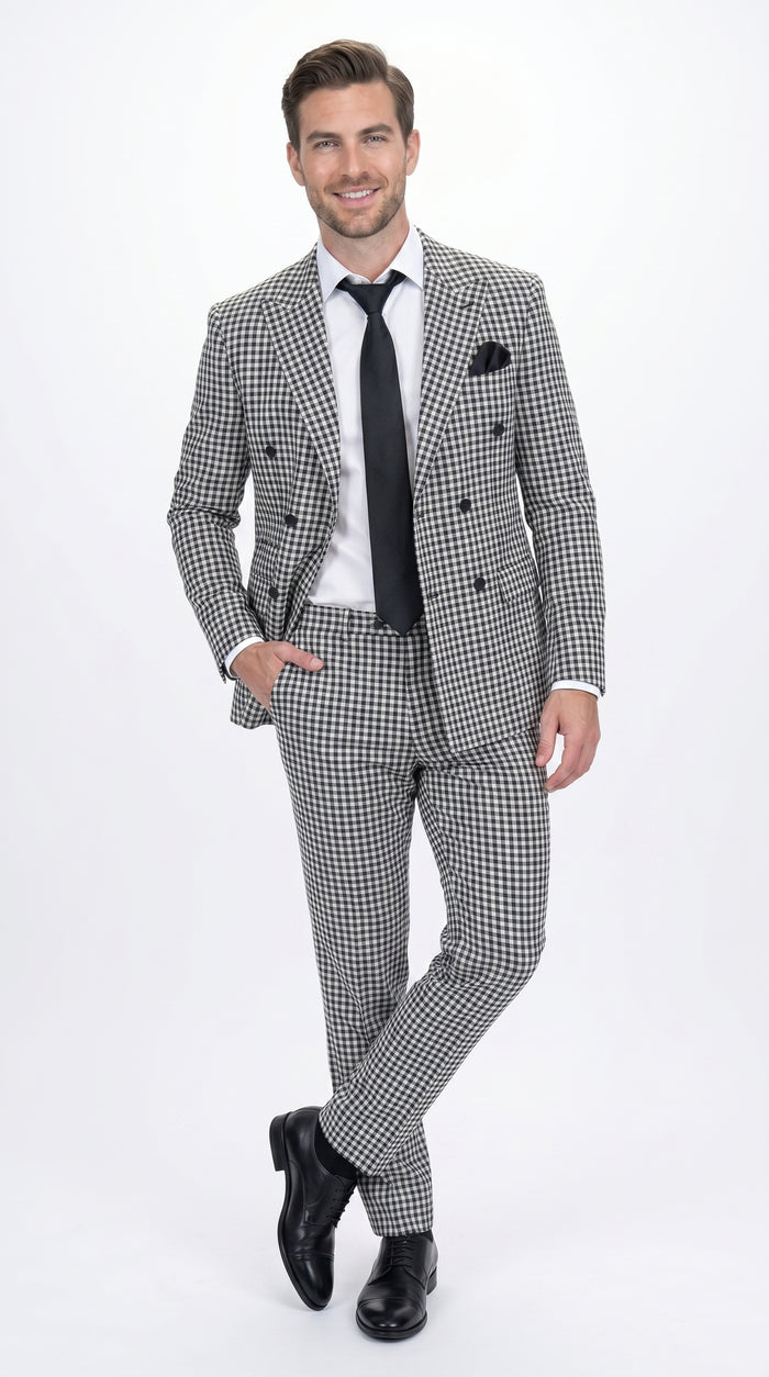 Men’s Black & White Houndstooth Double Breasted Wool Suit – 2 Piece Peak Lapel Suit Modern Fit