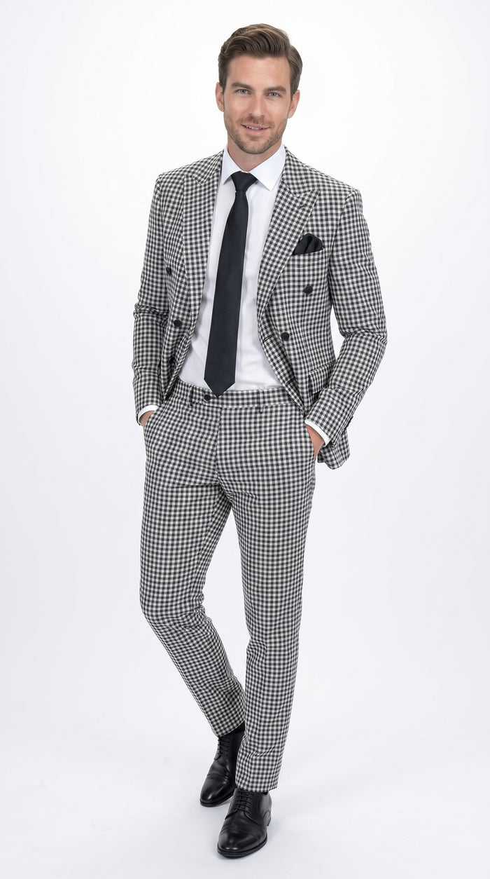 Men’s Black & White Houndstooth Double Breasted Wool Suit – 2 Piece Peak Lapel Suit Modern Fit
