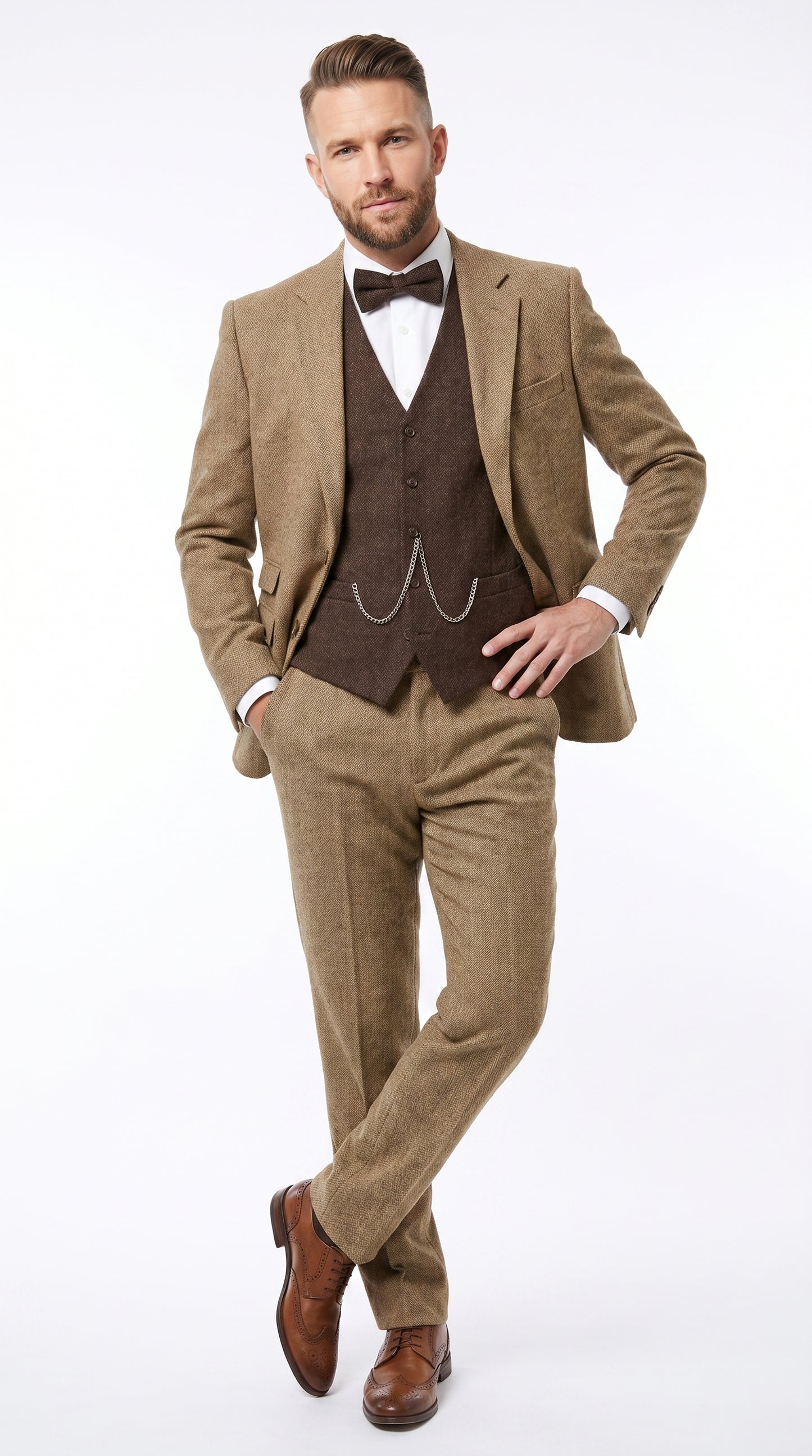Men’s Great Gatsby Tobey Maguire Inspired Tan Suit with Brown Vest, 1920s Costume Outfit