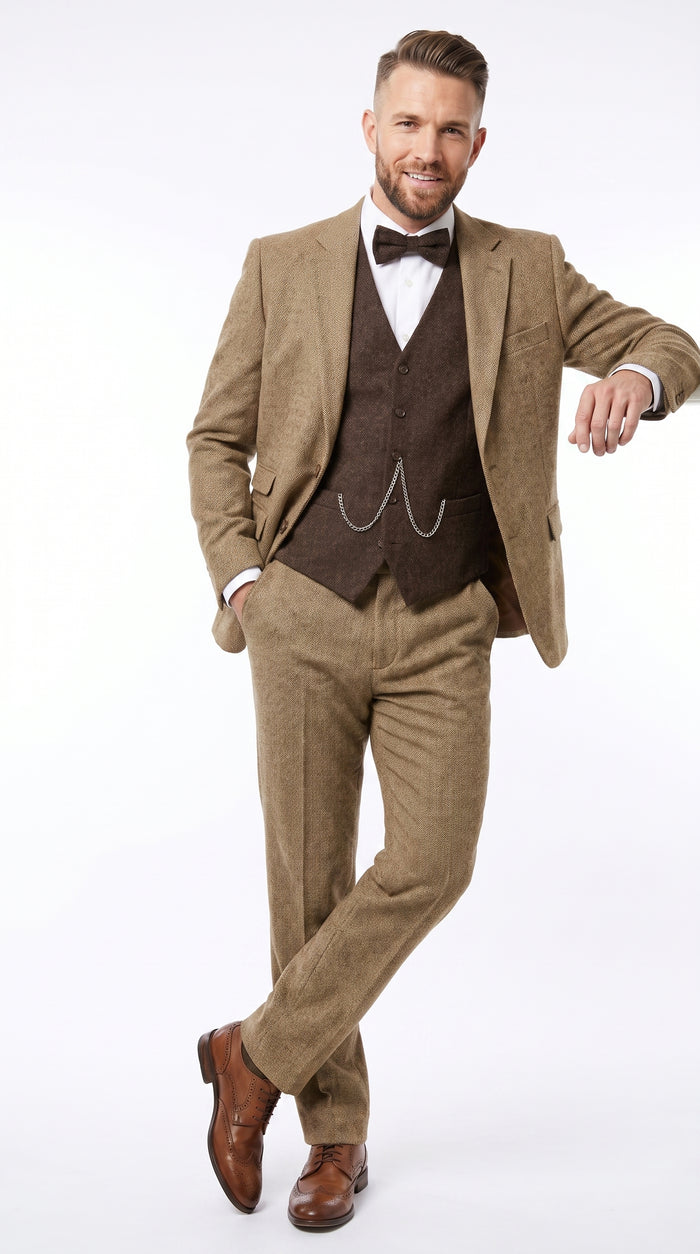 Men’s Great Gatsby Tobey Maguire Inspired Tan Suit with Brown Vest, 1920s Costume Outfit
