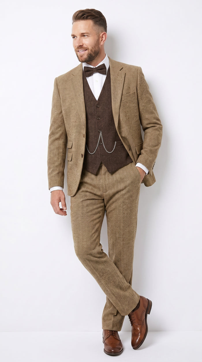 Men’s Great Gatsby Tobey Maguire Inspired Tan Suit with Brown Vest, 1920s Costume Outfit