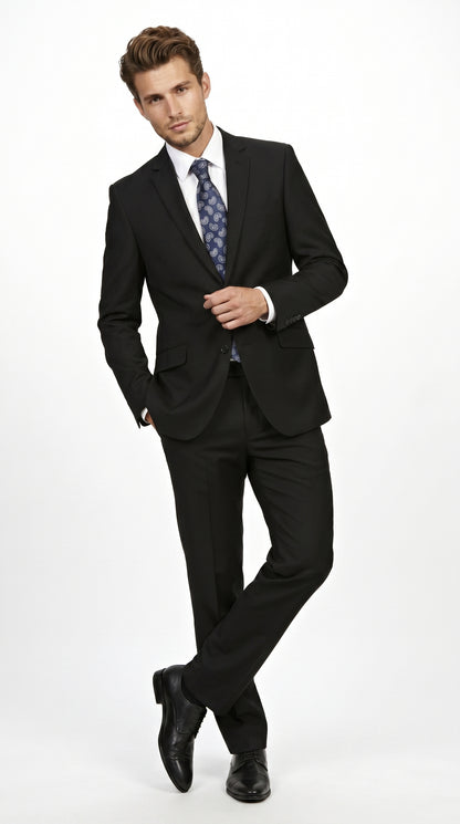Men’s Black 2 Piece Slim Fit Business Suit with Wide Fish Cut Styling