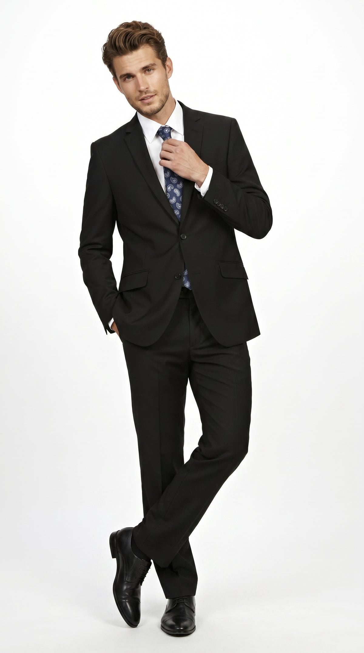 Men’s Black 2 Piece Slim Fit Business Suit with Wide Fish Cut Styling