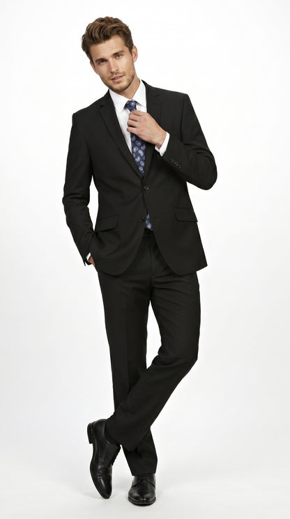 Men’s Black 2 Piece Slim Fit Business Suit with Wide Fish Cut Styling
