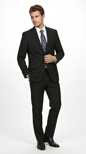 Men’s Black 2 Piece Slim Fit Business Suit with Wide Fish Cut Styling