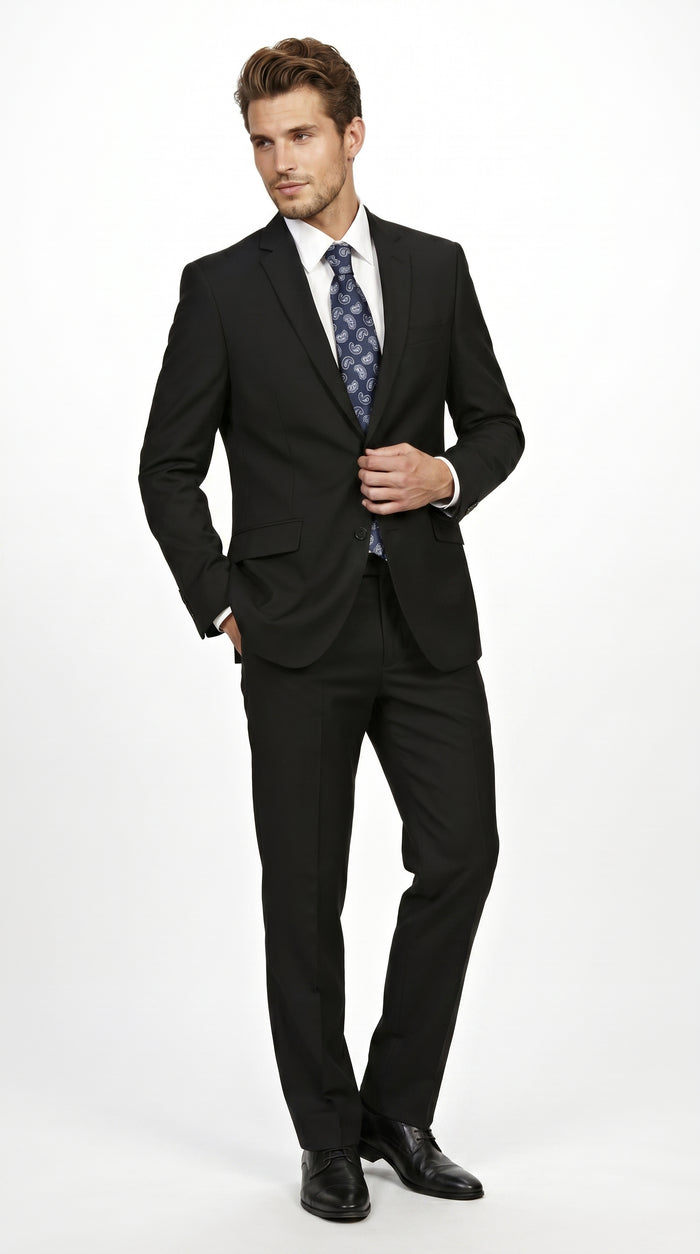 Men’s Black 2 Piece Slim Fit Business Suit with Wide Fish Cut Styling