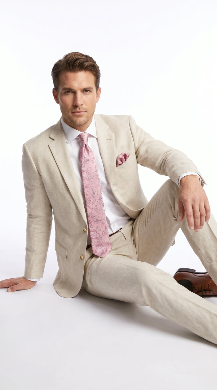 Men’s Natural Linen 2 Piece Suit with Side Vents, Two Button Regular Fit Summer Dress Suit