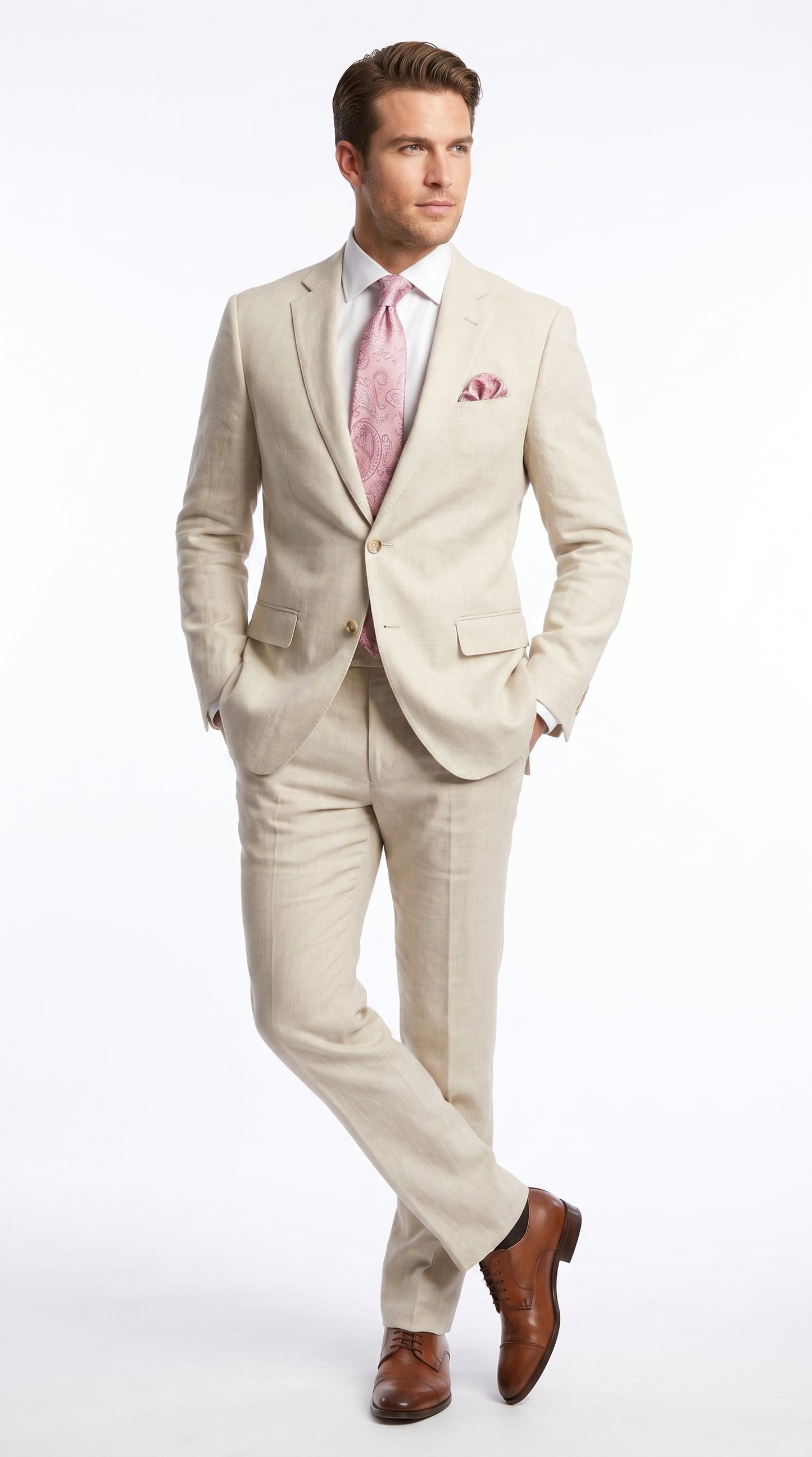 Men’s Natural Linen 2 Piece Suit with Side Vents, Two Button Regular Fit Summer Dress Suit