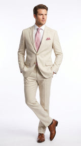 Men’s Natural Linen 2 Piece Suit with Side Vents, Two Button Regular Fit Summer Dress Suit