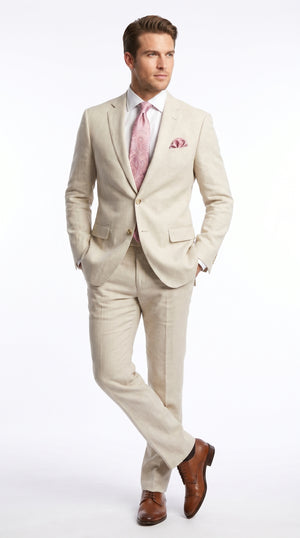 Men’s Natural Linen 2 Piece Suit with Side Vents, Two Button Regular Fit Summer Dress Suit