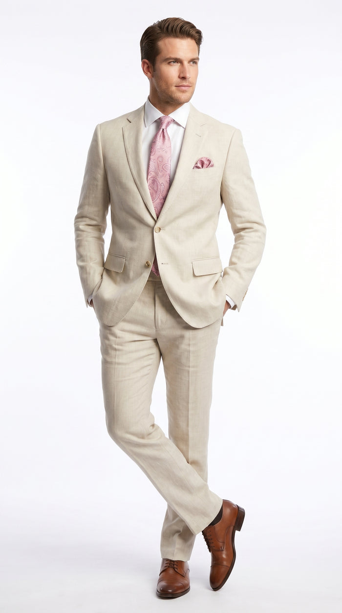 Men’s Natural Linen 2 Piece Suit with Side Vents, Two Button Regular Fit Summer Dress Suit