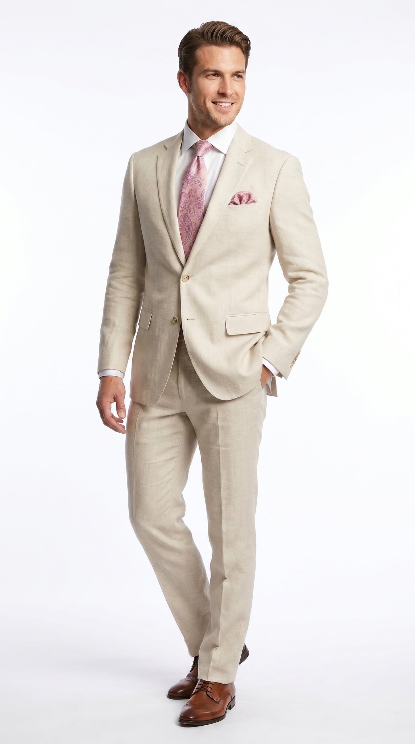 Men’s Natural Linen 2 Piece Suit with Side Vents, Two Button Regular Fit Summer Dress Suit