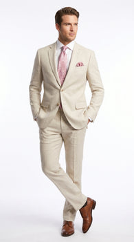 Men’s Natural Linen 2 Piece Suit with Side Vents, Two Button Regular Fit Summer Dress Suit