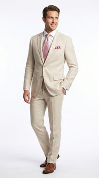 Men’s Natural Linen 2 Piece Suit with Side Vents, Two Button Regular Fit Summer Dress Suit
