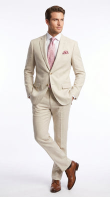 Men’s Natural Linen 2 Piece Suit with Side Vents, Two Button Regular Fit Summer Dress Suit