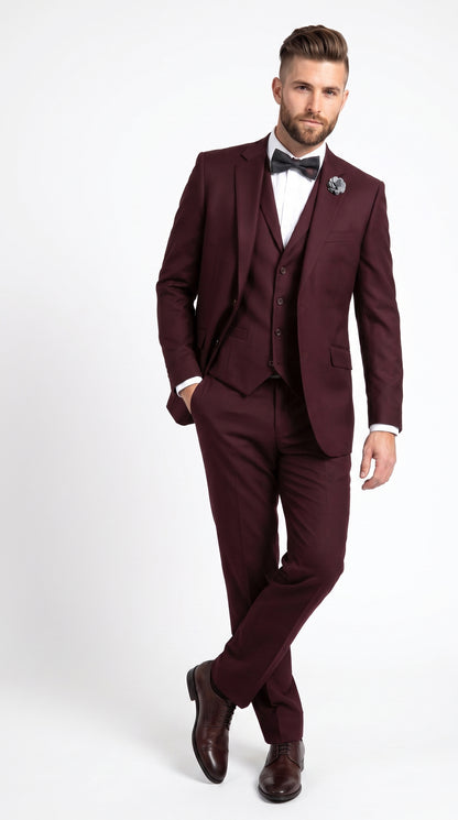 Men’s Burgundy Regular Fit Suit with Vest, Formal Wedding Prom Dress Suit Modern Fit