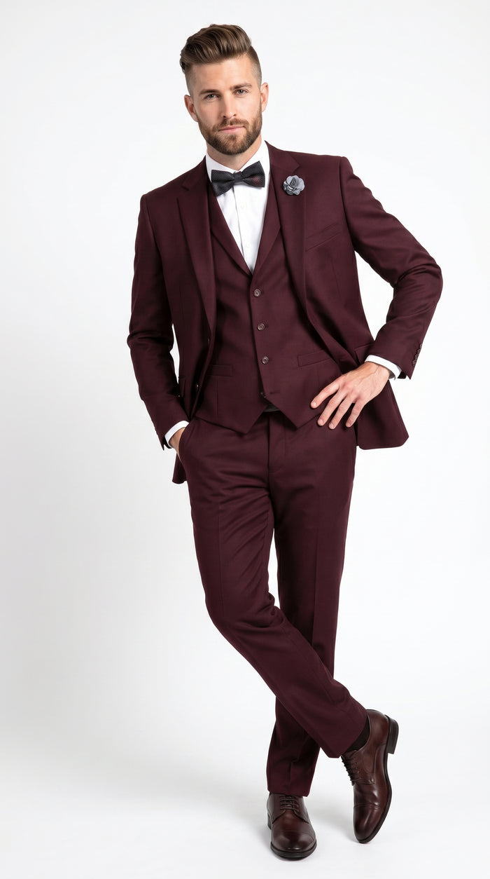 Men’s Burgundy Regular Fit Suit with Vest, Formal Wedding Prom Dress Suit Modern Fit