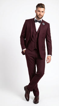 Men’s Burgundy Regular Fit Suit with Vest, Formal Wedding Prom Dress Suit