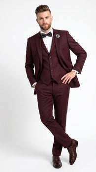 Men’s Burgundy Regular Fit Suit with Vest, Formal Wedding Prom Dress Suit