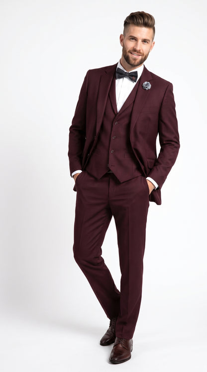 Men’s Burgundy Regular Fit Suit with Vest, Formal Wedding Prom Dress Suit Modern Fit