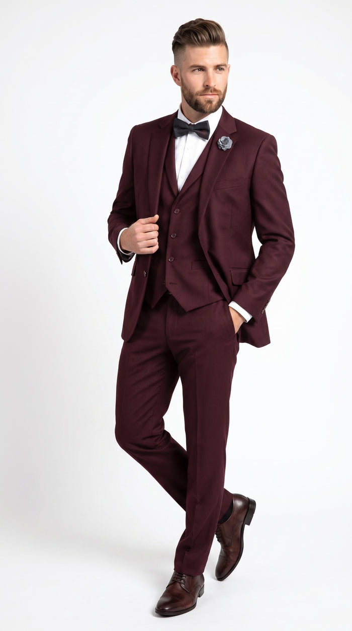 Men’s Burgundy Regular Fit Suit with Vest, Formal Wedding Prom Dress Suit Modern Fit