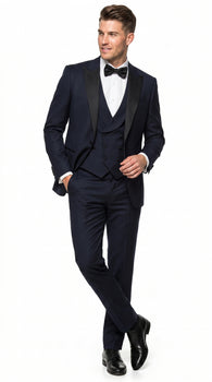 Alberto Nardoni Men’s Black Super 150s Wool Tuxedo with Peak Lapel, Double Breasted Vest and Flat Front Pants