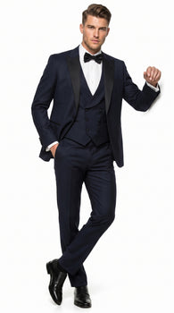 Alberto Nardoni Men’s Black Super 150s Wool Tuxedo with Peak Lapel, Double Breasted Vest and Flat Front Pants