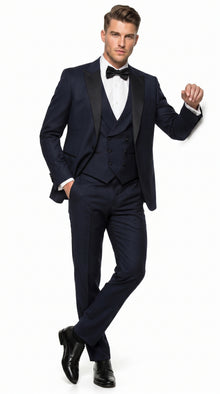 Alberto Nardoni Men’s Black Super 150s Wool Tuxedo with Peak Lapel, Double Breasted Vest and Flat Front Pants