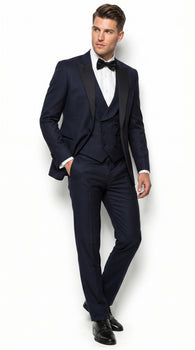 Alberto Nardoni Men’s Black Super 150s Wool Tuxedo with Peak Lapel, Double Breasted Vest and Flat Front Pants