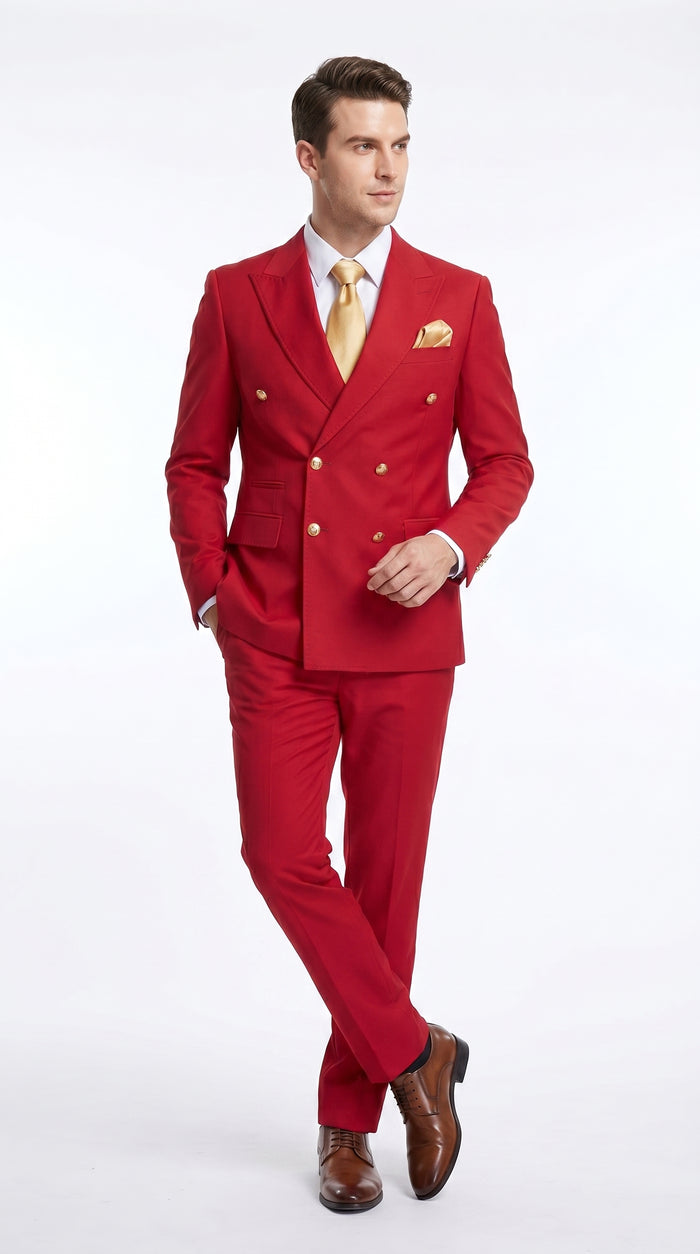 Rossi Man Milano RM1191 Men’s Red Double Breasted Suit with Gold Buttons, Formal Wedding Prom Suit Modern Fit