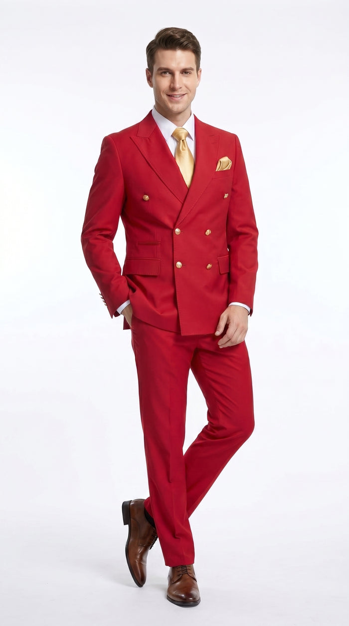 Rossi Man Milano RM1191 Men’s Red Double Breasted Suit with Gold Buttons, Formal Wedding Prom Suit Modern Fit