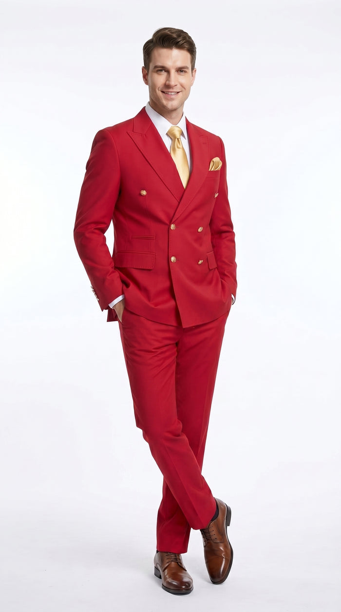Rossi Man Milano RM1191 Men’s Red Double Breasted Suit with Gold Buttons, Formal Wedding Prom Suit Modern Fit