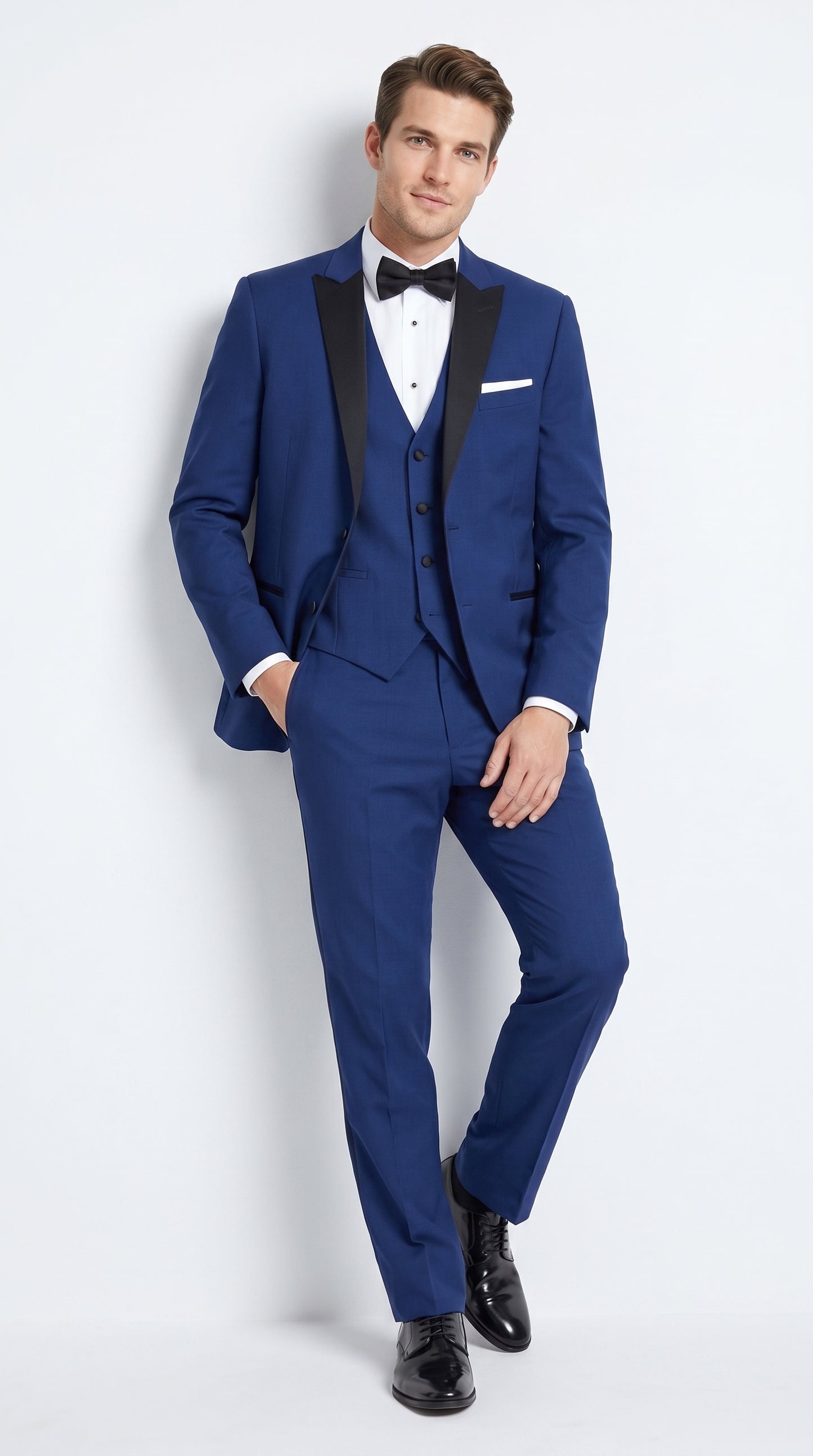 Men’s Indigo Blue Sapphire Cobalt Blue 1 Button Vested Tuxedo with Black Satin Peak Lapel